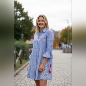 Kazo Striped Shirt Dress S Blue Cotton Embroidered Boho Tassel Festival
